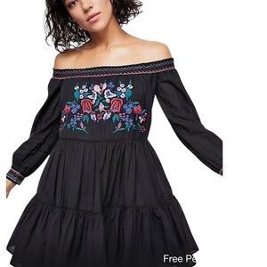 Free People Dress Womens Size L Black Embroidered Sunbeams Boho Festival Mini